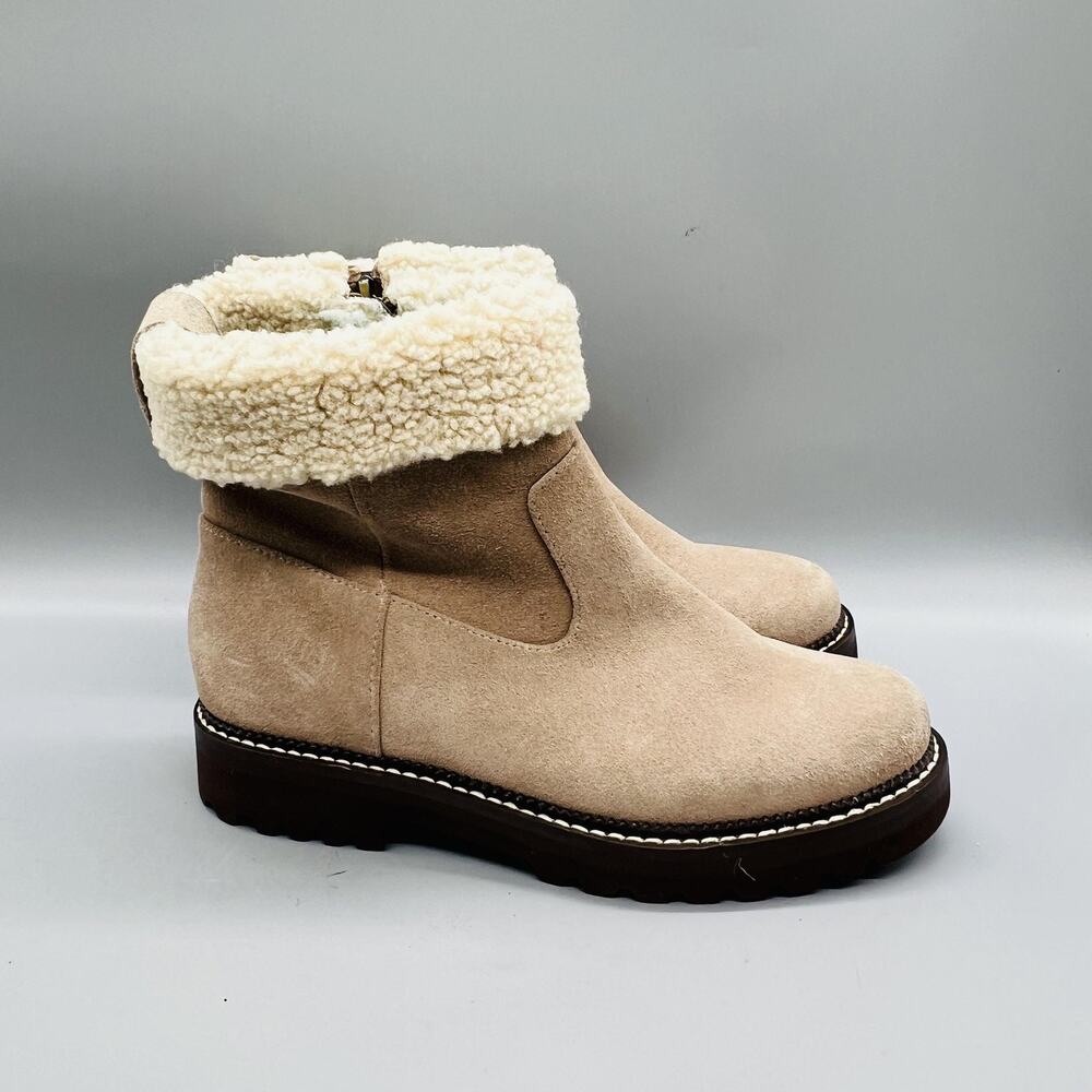 Blondo Boots Womens 5.5 Beige Suede Waterproof Shearling Ankle Zip Booties Shoes